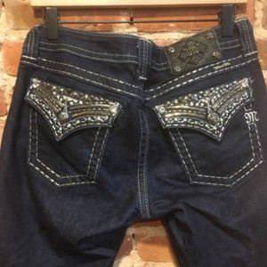 Miss Me Straight Dark Wash Bling Metal Pocket Flap Jeans 29